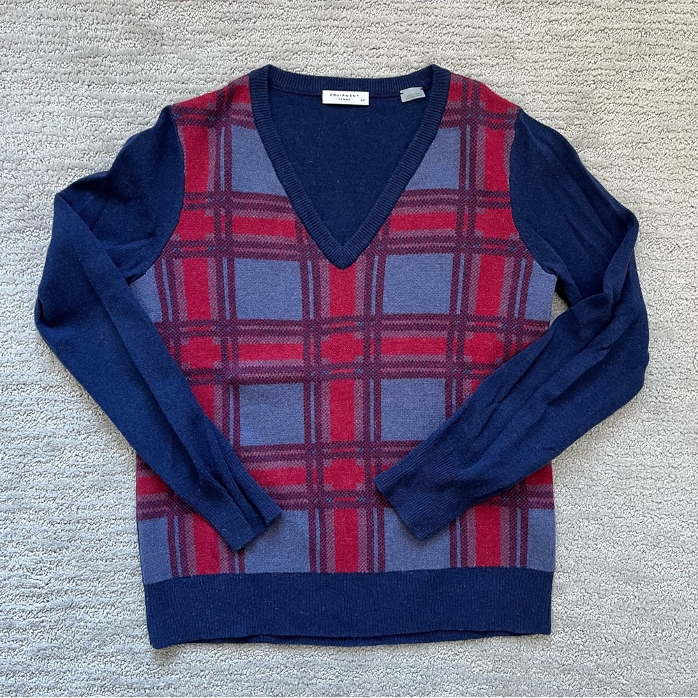 Equipment Femme Plaid Blue and Red V-Neck Sweater - wool/yak blend